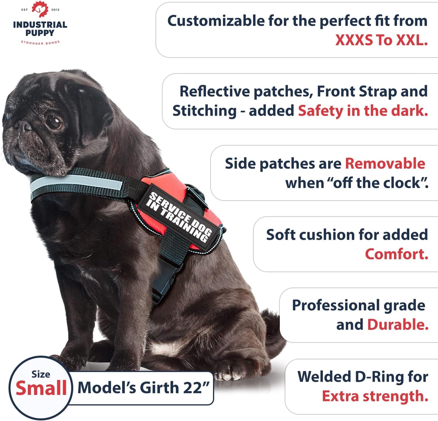 Service Dog in Training Vest Harness, Small 19.5-25 in Red | Durable & Adjustable Vest for Dog with Reflective Straps, Removable Patches, Handle & D-Ring, Travel and Daily Use